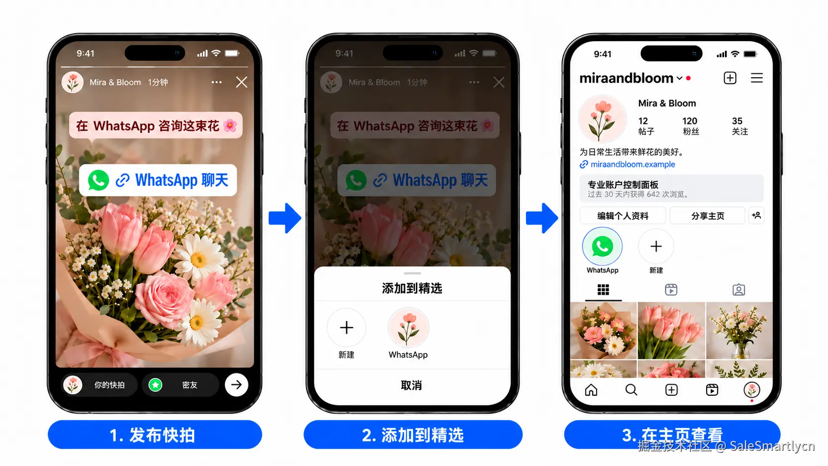 如何将 WhatsApp 链接添加到快拍和精选动态