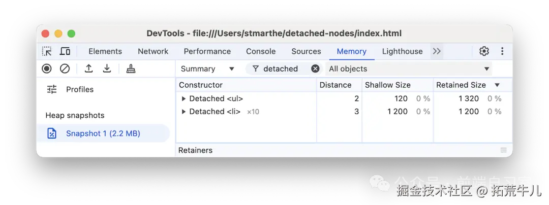 在 Heap Snapshot 中搜索 Detached，筛选出所有已分离但未回收的 DOM 节点