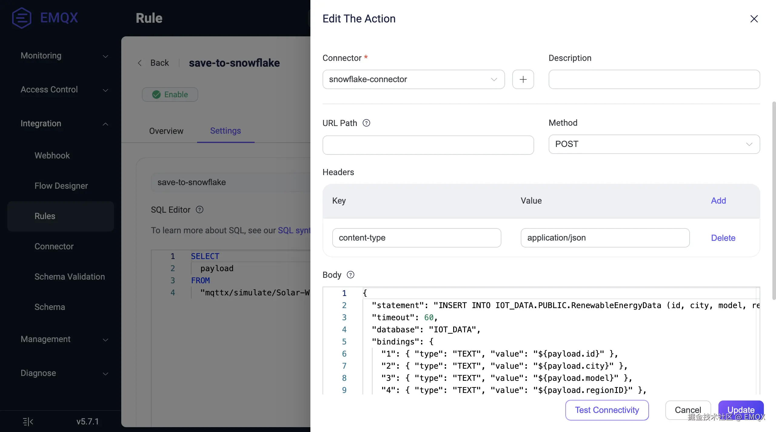 图表说明了使用 Snowflake REST API 设置 EMQX HTTP 操作