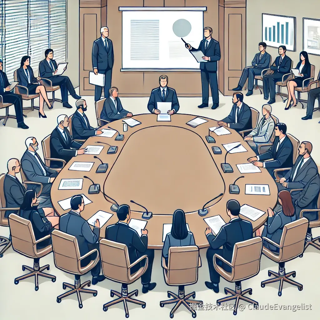 DALL·E 2024-12-06 23.55.45 - An illustration showing a formal meeting of a committee in a boardroom. There are several people around a large oval table, representing a diverse gro.webp