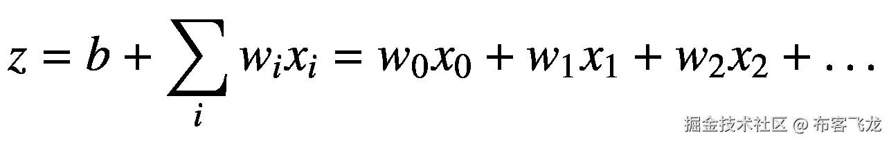 z=b+\sum \limits_i{w}_i{x}_i={w}_0{x}_0+{w}_1{x}_1+{w}_2{x}_2+\dots