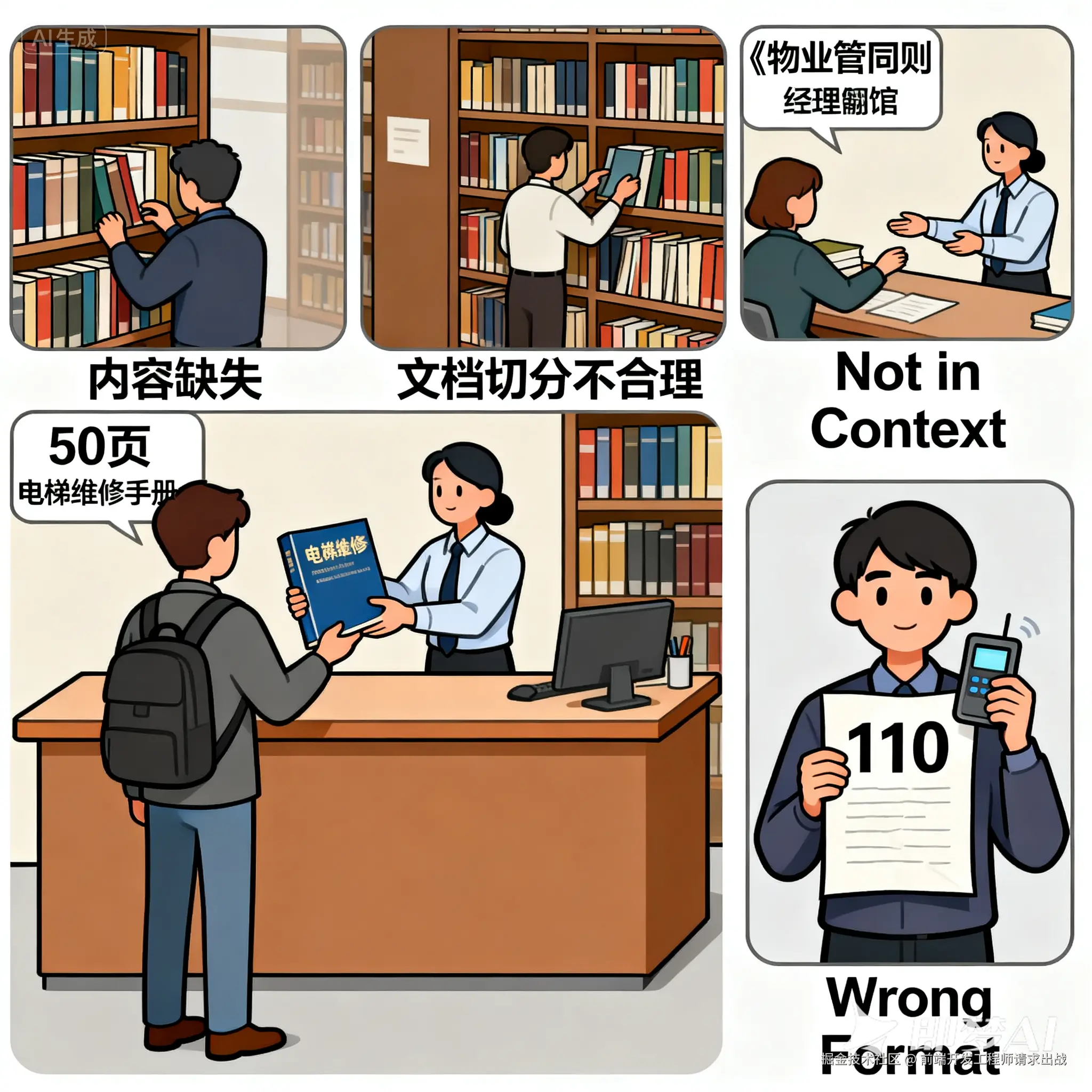 jimeng-2025-09-09-3961-图书馆场景——用户提问，管理员找书，出现几种典型错误找不到相关的书（内容缺失）。....png