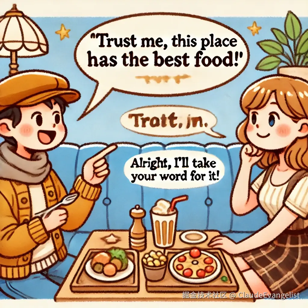 DALL·E 2024-11-03 11.51.36 - An illustration depicting the phrase 'Take your word for it' in a conversational context. Two characters, one friend enthusiastically sharing their ex.webp