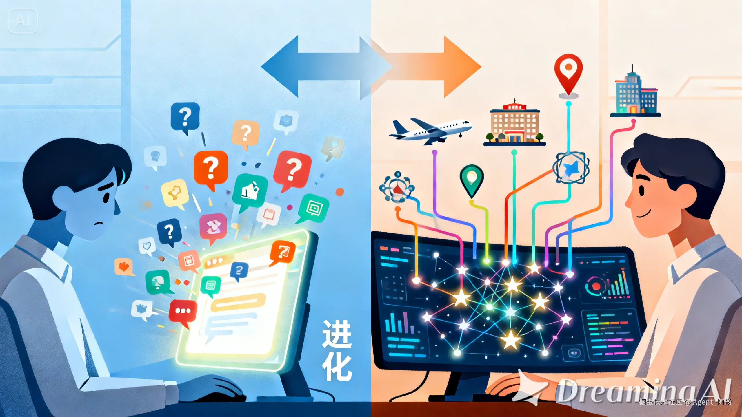 dreamina-2026-01-22-1160-主题：传统AI助手与智能体领航员的概念对比插画 风格：科技感扁平矢量插画，简洁明....jpeg