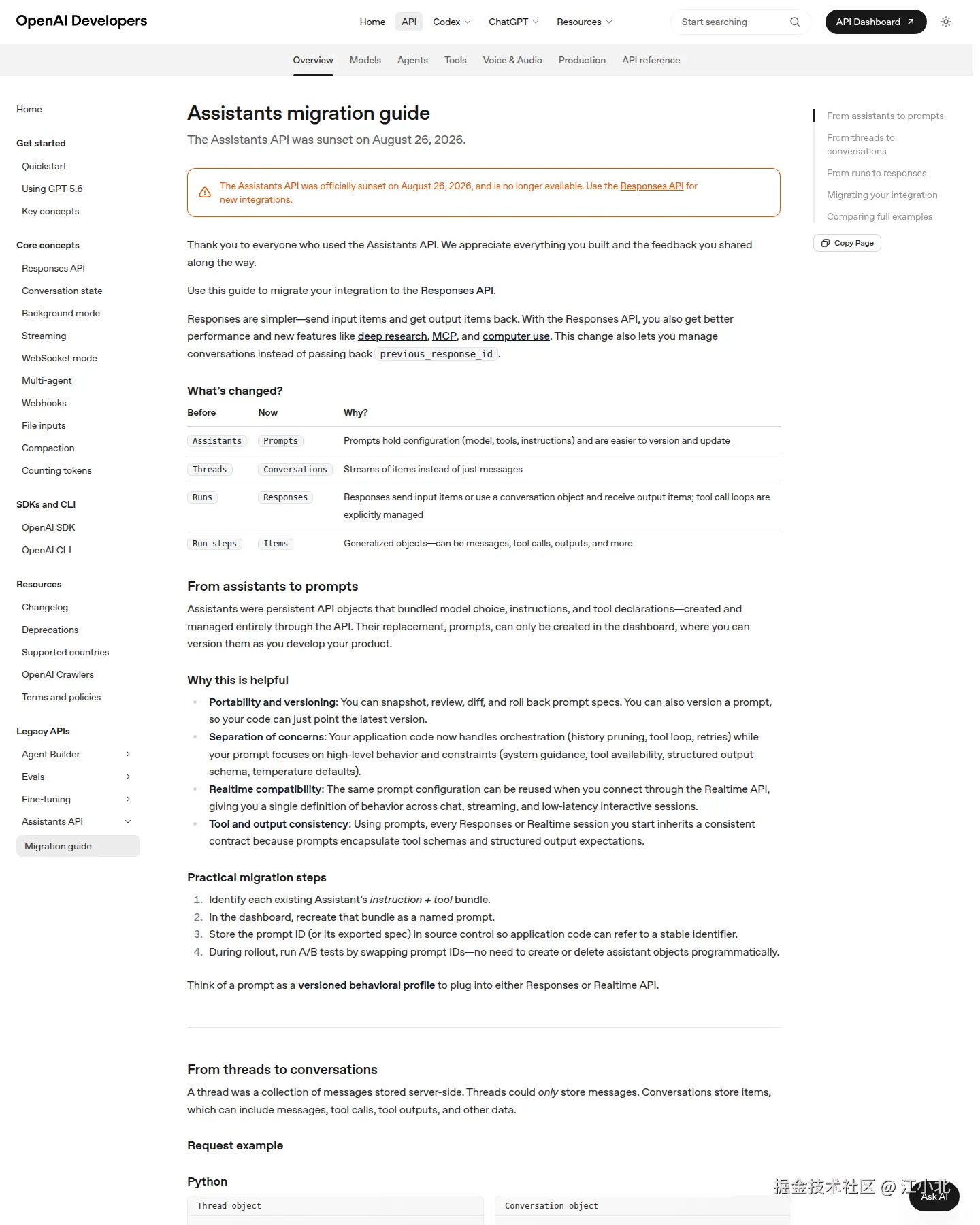 OpenAI 官方迁移页显示 Assistants API 已下线及四组对象映射