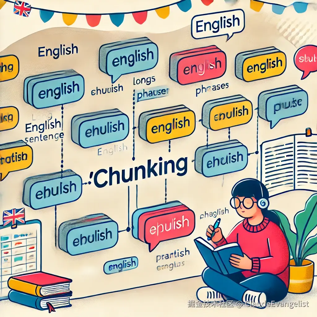 DALL·E 2024-12-29 12.19.23 - An educational illustration showing the concept of 'chunking' in English language learning. The image features a simple diagram with a long English se.webp