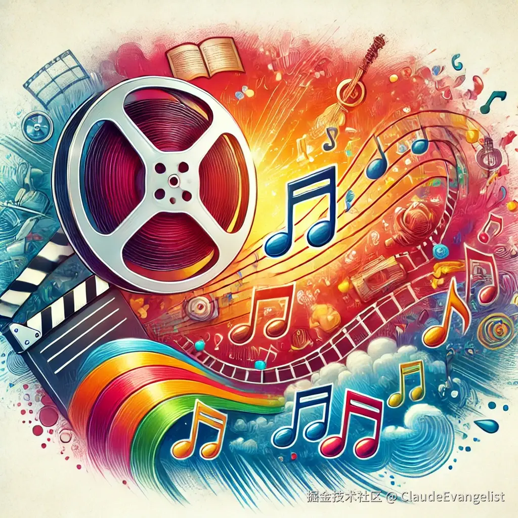 DALL·E 2024-11-22 23.07.02 - A vibrant illustration showing a movie reel with musical notes flowing out of it, symbolizing the concept of a soundtrack. The background features a b.webp