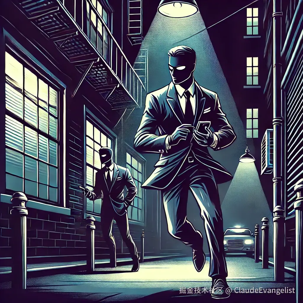 DALL·E 2024-11-09 23.34.55 - An illustration of a secret agent character in a stylish suit, moving stealthily through a dark alleyway at night. The scene has a mysterious atmosphe.webp
