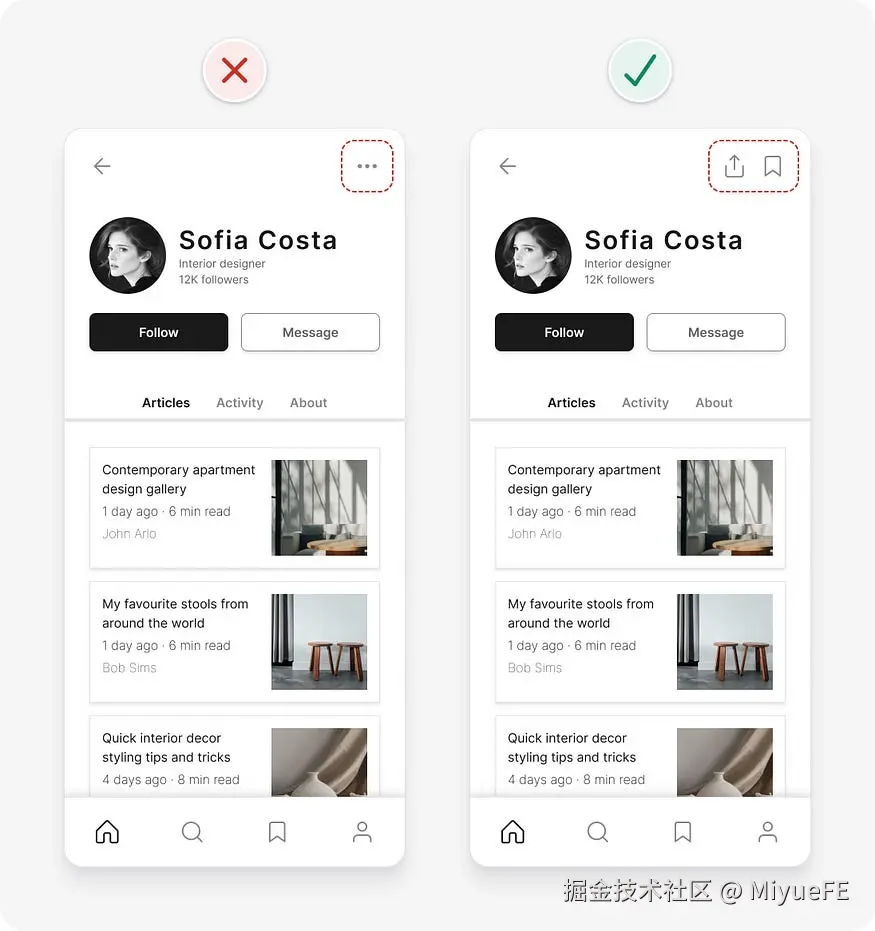 UI design tips example with hidden actions behind icon being made visible