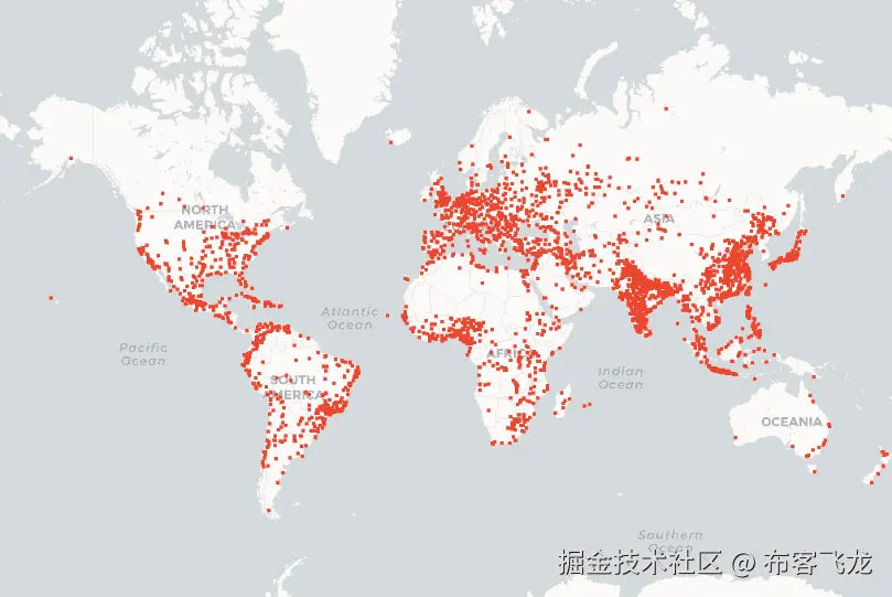 Figure 5.27: Dot-density visualization of cities with a population of 100k or more 