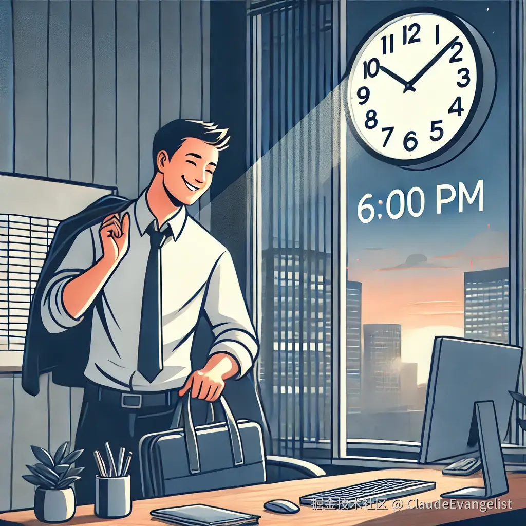 DALL·E 2024-09-19 23.37.47 - A modern office scene showing a worker smiling and relieved, glancing at a clock that reads 6_00 PM, symbolizing the end of the workday. The worker, h.webp