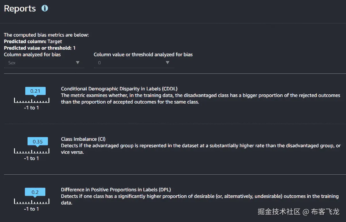 图 9.6 – 展示 DPPL 中轻微不平衡但小于训练数据类别不平衡的 Census Income 模型偏差报告