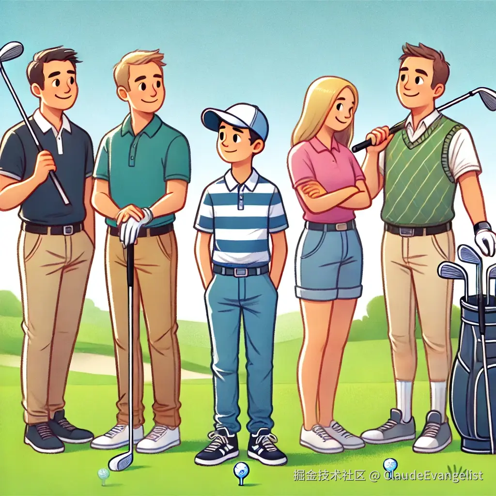 DALL·E 2024-08-31 20.39.40 - An illustration showing a family of five members, where four of them are holding golf clubs and wearing golf attire, standing on a green golf course. .webp