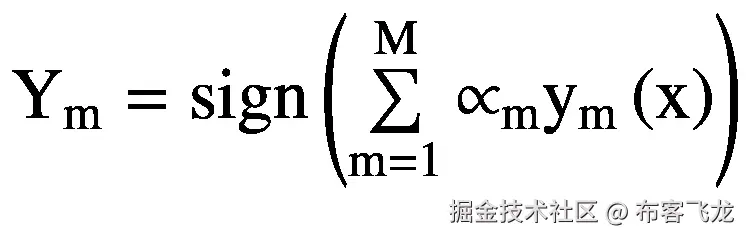 {\mathrm{Y}}_{\mathrm{m}}=\mathit{\operatorname{sign}}\left(\sum \limits_{\mathrm{m}=1}^{\mathrm{M}}{\propto}_{\mathrm{m}}{\mathrm{y}}_{\mathrm{m}}\left(\mathrm{x}\right)\right)