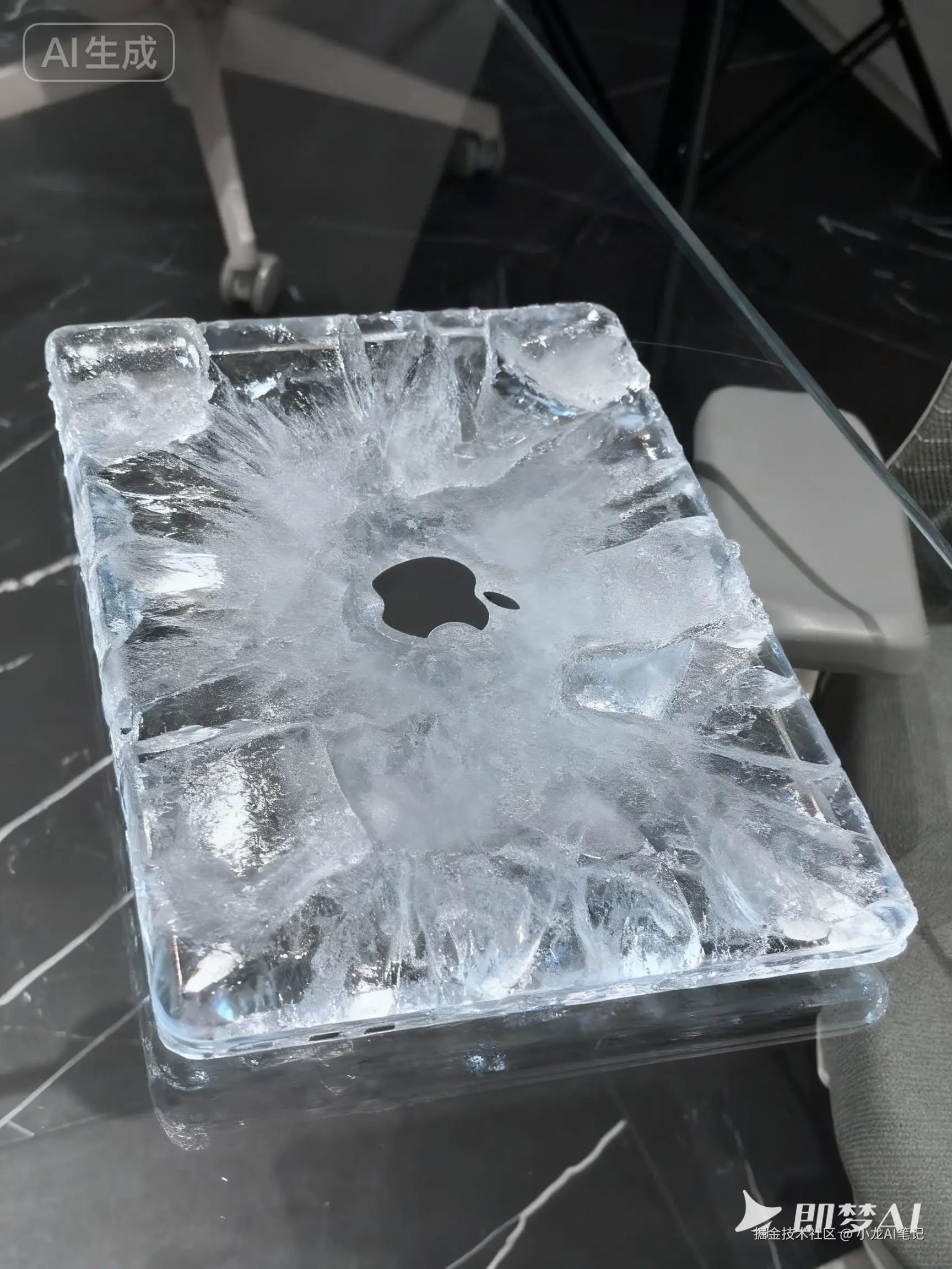 jimeng-2025-11-13-8967-将笔记本电脑完全变成冰雕效果，材质变为透明的冰块质感，表面有冰的纹理和光泽，保持....png