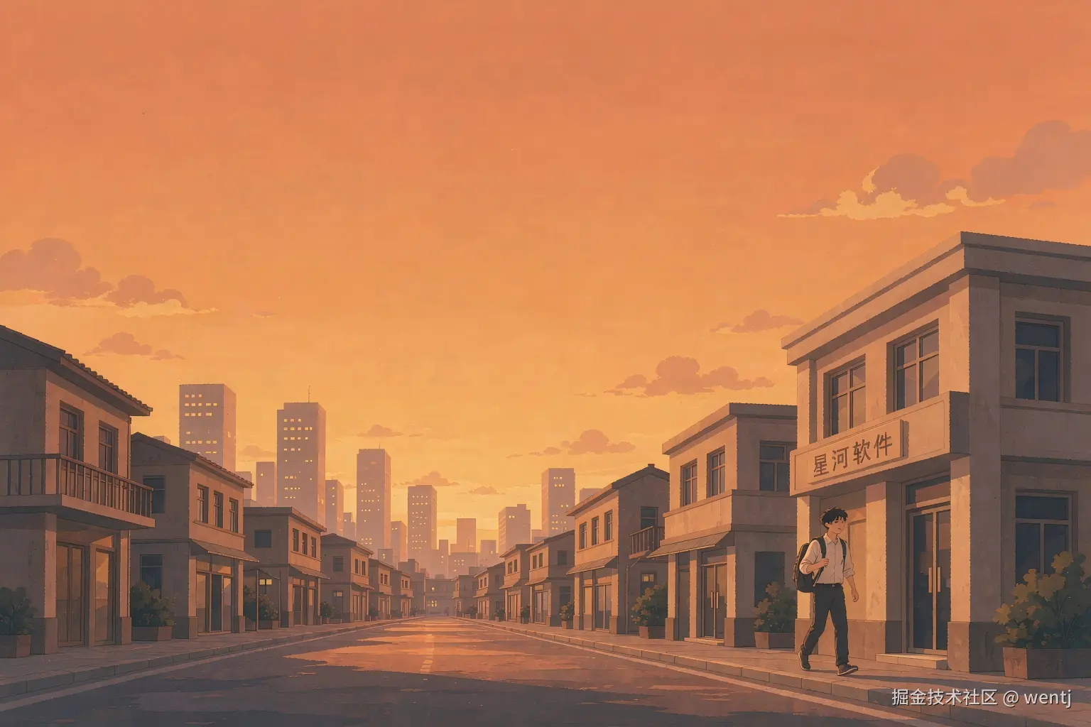 暖色调扁平插画风_黄昏时分中国南方小城街道_年轻程序员背着包_2026-08-25T06-58-02.png