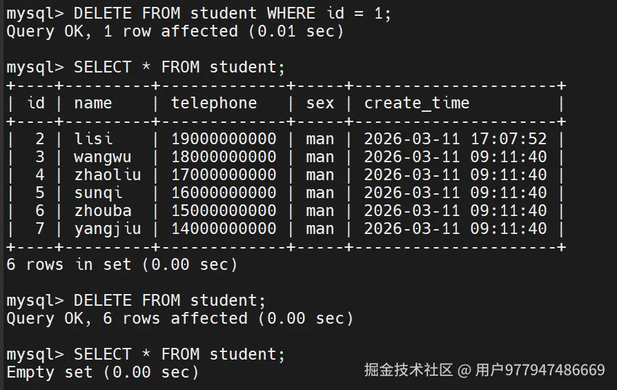 通过输入语句，可以带条件删除id为1的一行数据，也可以不带条件，删除整张表的数据，此处仅作演示，请勿模仿。