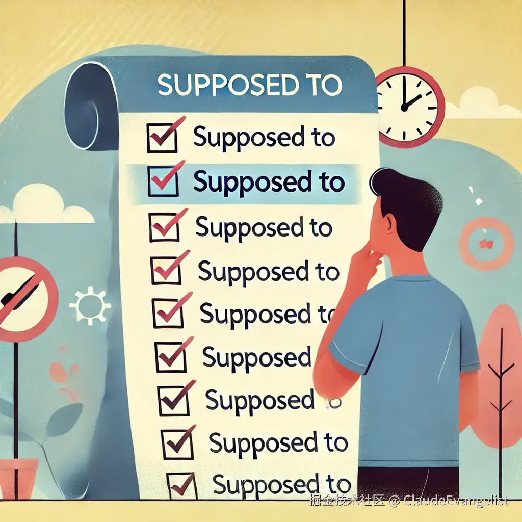 DALL·E 2024-10-10 22.19.07 - An illustration showing a person looking at a large checklist of tasks, with one task highlighted that says 'Supposed to'. The person appears thoughtf.webp