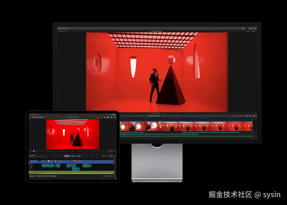 一台 iPad Pro 和一台 Studio Display 上分别显示着 Final Cut Pro 里的鲜艳视觉图像。