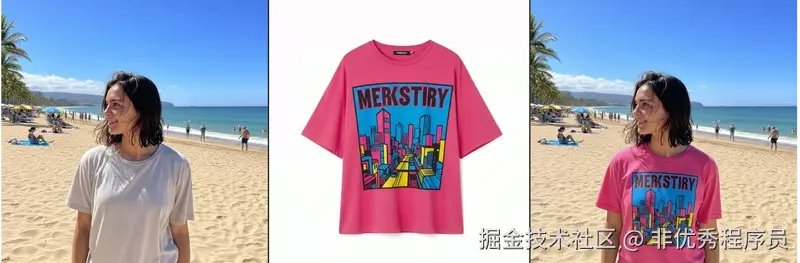 一张图片显示了一个女孩的输入照片、一件 T 恤的输入照片以及女孩穿着 T 恤的最终输出图像。