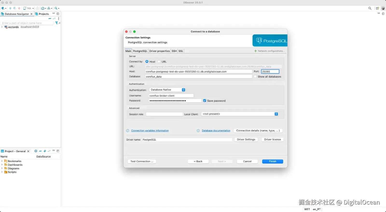 在 DBeaver 中测试 PostgreSQL 连接