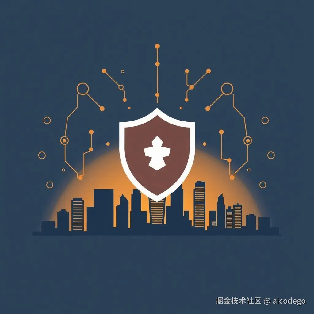 shield icon protecting a city skyline, with AI neural network patterns in the background, cybersecurity concept art