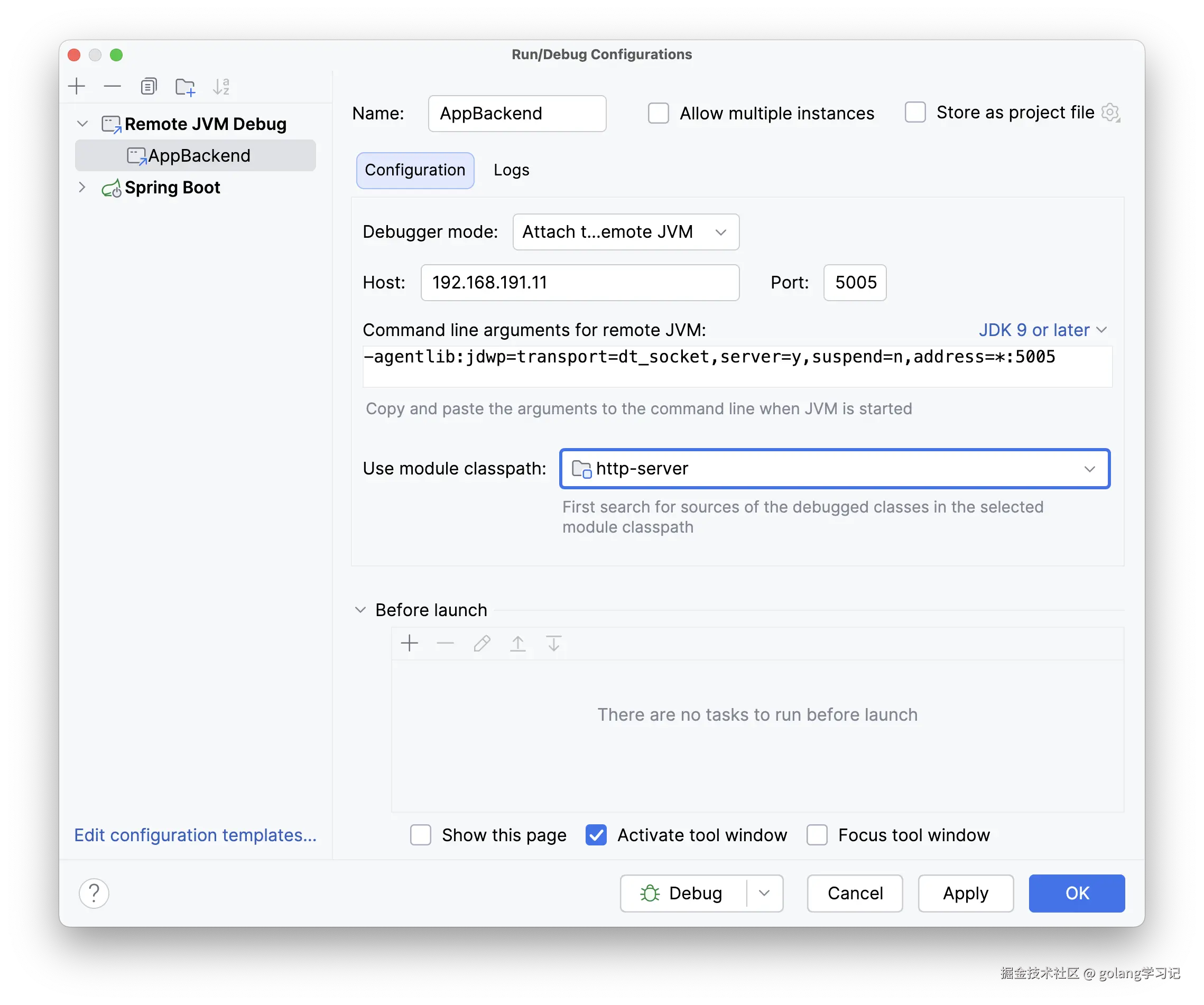 Remote JVM Debug 配置界面