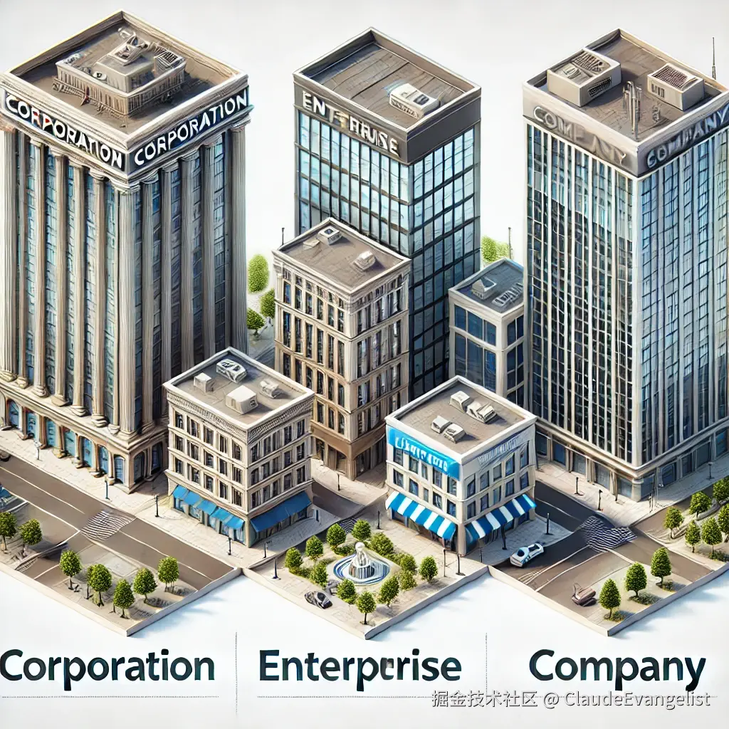 DALL·E 2024-12-30 21.07.21 - A detailed illustration showing three distinct business entities_ 1. A large skyscraper with the word 'Corporation' on the building, representing a fo.webp
