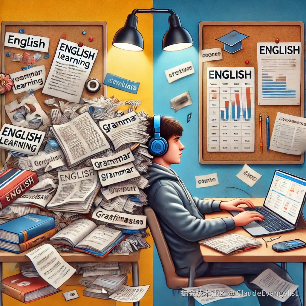 DALL·E 2024-12-16 12.44.39 - An educational illustration showing a person struggling with scattered English learning materials on one side and a structured, organized study setup .webp