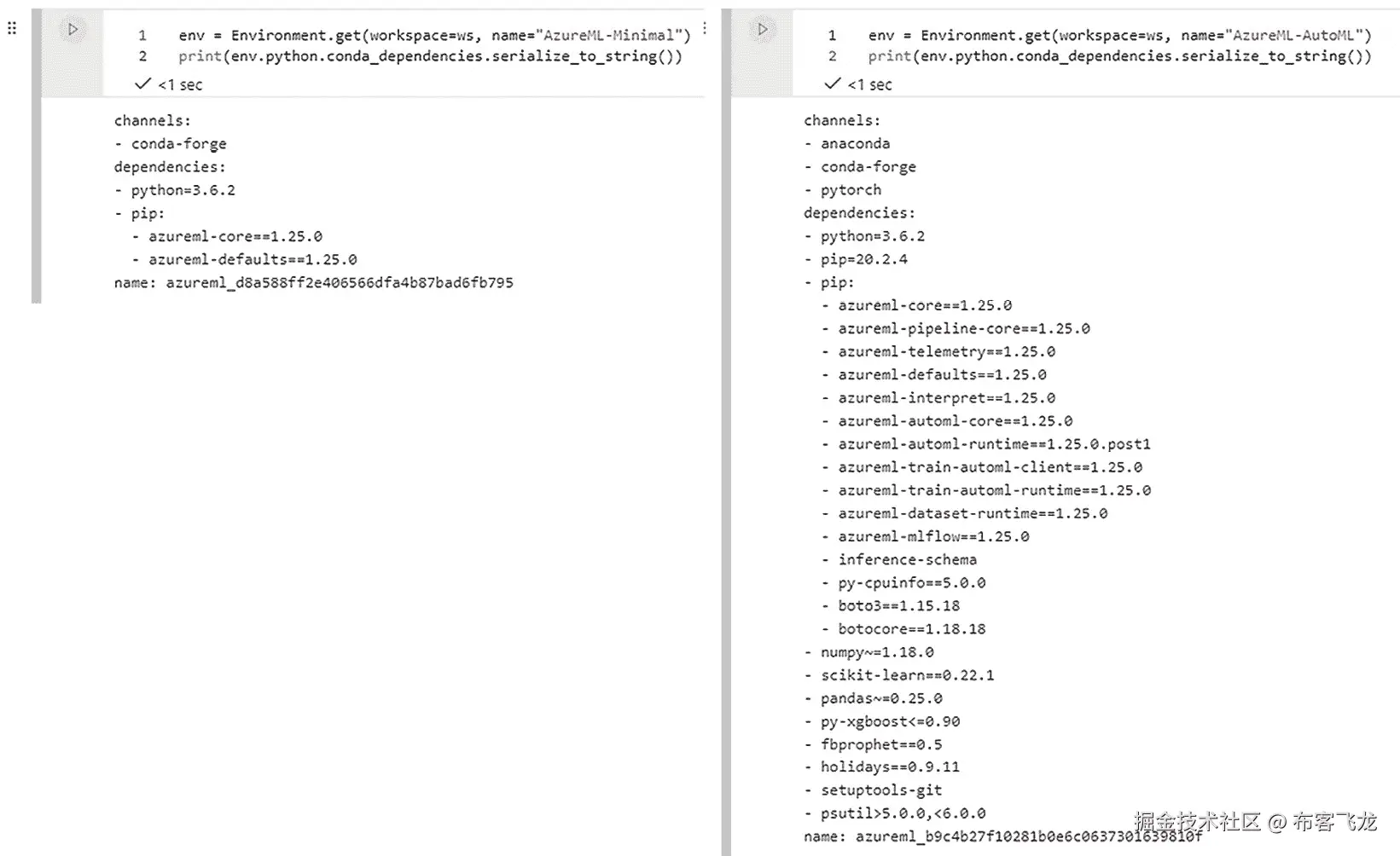 图 8.18 - AzureML-Minimal 和 AzureML-AutoML 环境之间的 Python 包差异 AzureML-AutoML 环境