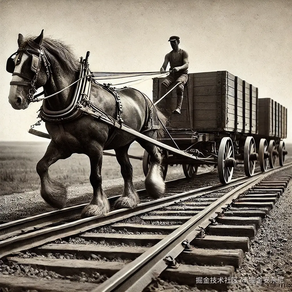DALL·E 2024-08-20 22.26.58 - A horse pulling two wagons, traveling on two parallel railway tracks. The scene shows a strong, sturdy horse, harnessed to the wagons, moving along me.webp