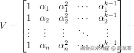 V=\begin{bmatrix} 1& \alpha_1 & \alpha_1^2 &\cdots & \alpha_1^{k-1} \ 1 & \alpha_2 & \alpha_2^2 & \cdots & \alpha_2^{k-1} \ \vdots & \vdots & \vdots & \ddots & \vdots \ 1 & \alpha_n & \alpha_n^2 & \cdots & \alpha_n^{k-1} \end{bmatrix}
