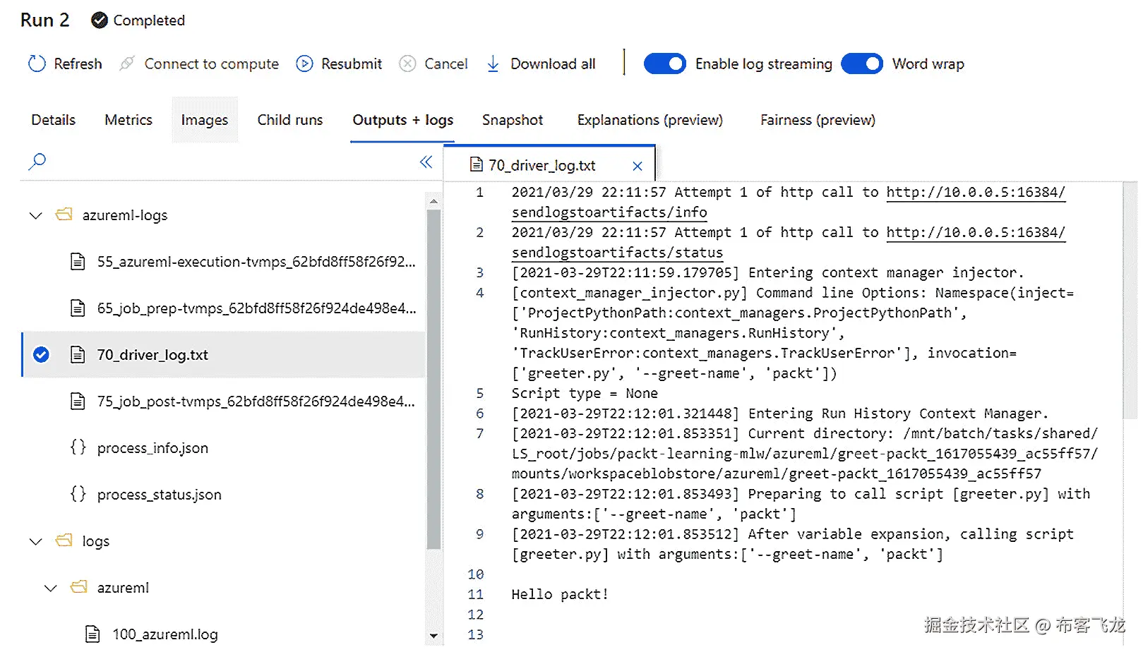 图 8.14 – 实验运行的 Outputs + logs 标签页