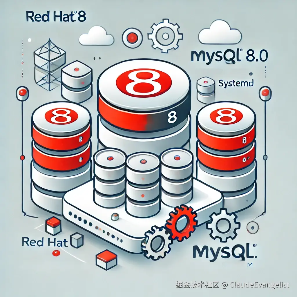 DALL·E 2024-09-25 22.36.00 - A clean and professional illustration for an article title. The image should include elements representing Red Hat 8 and MySQL 8.0, with a systemd log.webp