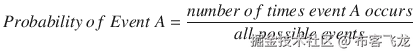 Probability\ of\ Event\ A = \frac{number\ of\ times\ event\ A\ occurs}{all\ possible\ event s}
