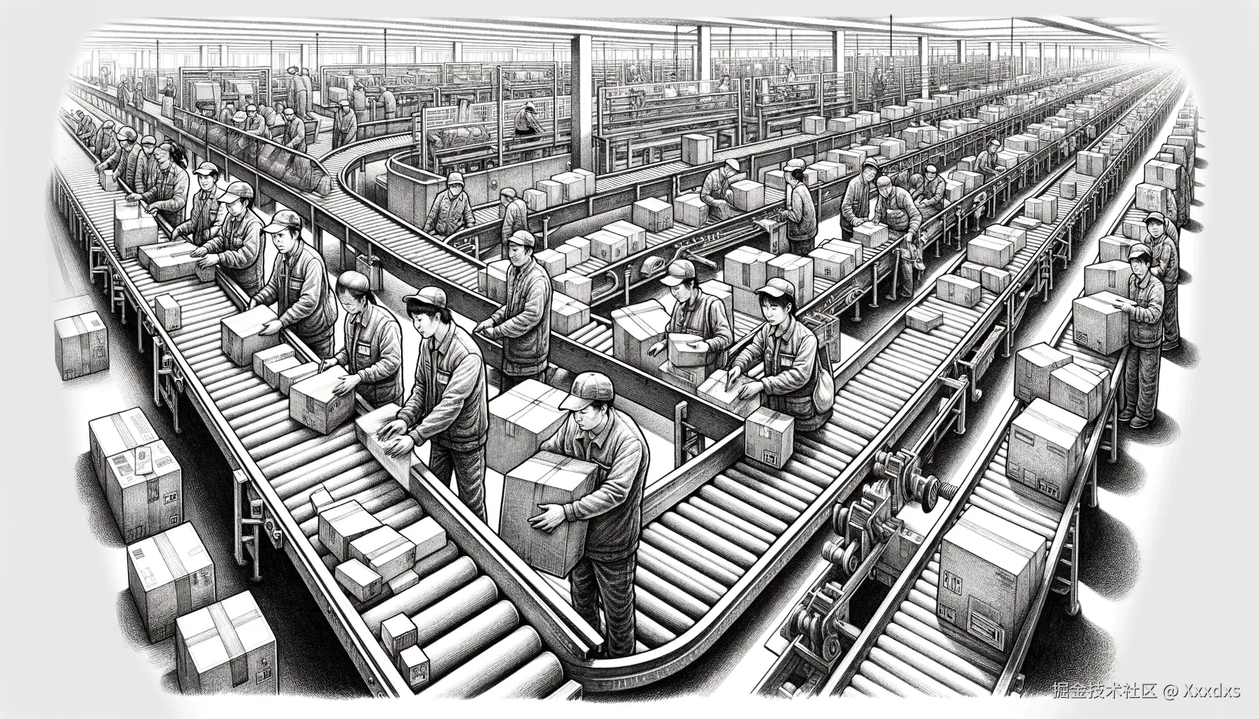 DALL·E 2023-12-28 09.24.01 - A black and white hand-drawn style illustration of a package sorting facility. The scene includes multiple Chinese delivery workers, men and women, wo.png