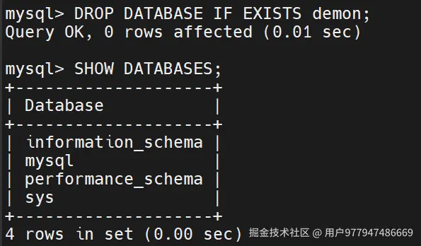 通过输入语句，删除数据库demon，提示成功，通过查询发现确实被删除。