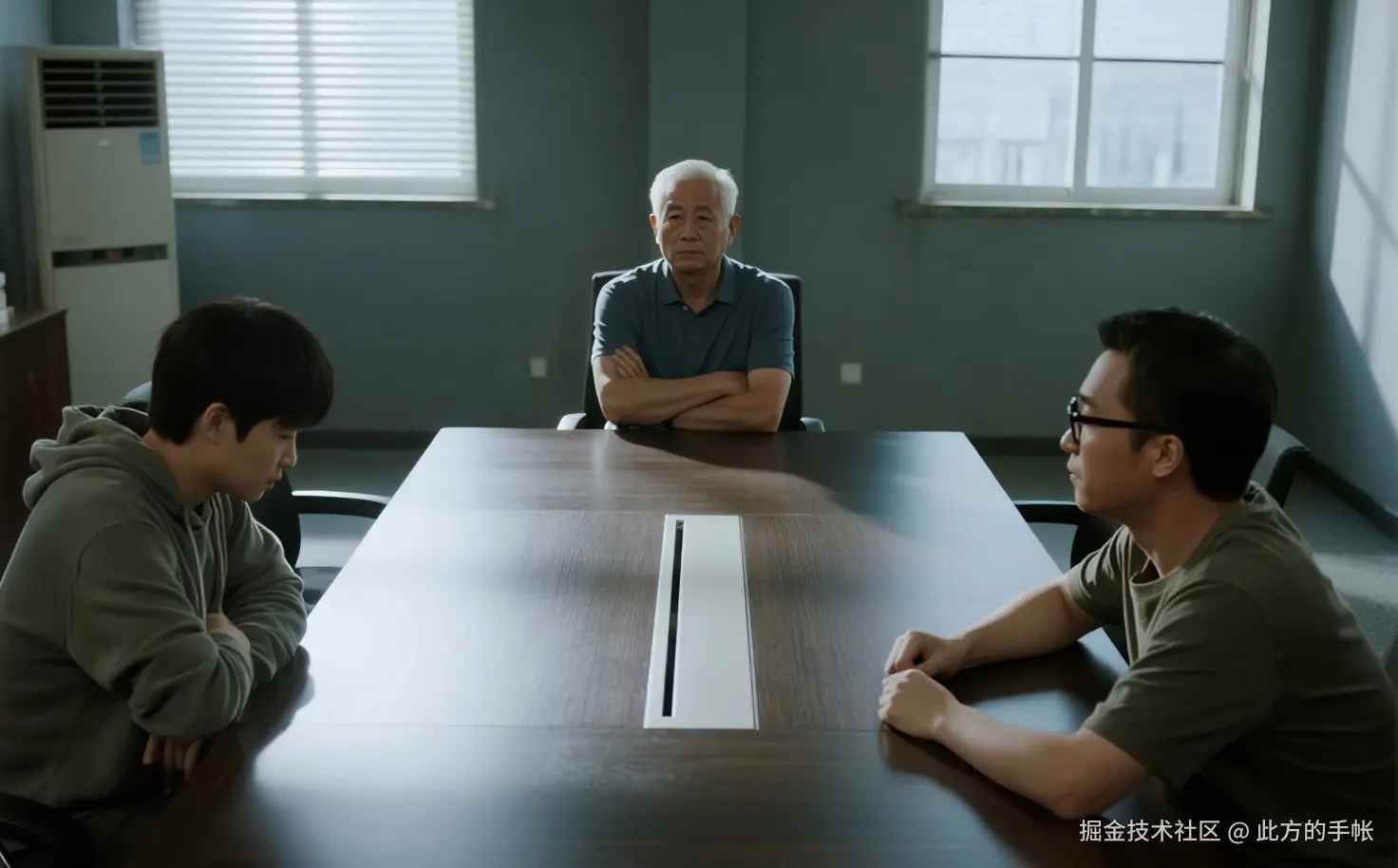 jimeng-2025-07-15-9658-会议室俯视视角，李默32岁方脸短发深眼袋中等身材微驼背穿纯色连帽衫坐左侧低头沉思....jpeg