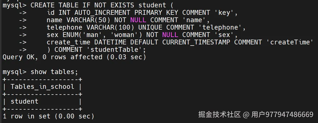 通过输入语句，创建一个学生表，有字段id(主键自增id),name(字符类型,非空约束),telephone(字符类型,唯一约束),sex(枚举类型,非空约束),create_time(时间类型,默认创建时间)五个字段，并对应类型与约束，提示操作成功，通过查询所有表发现创建成功。