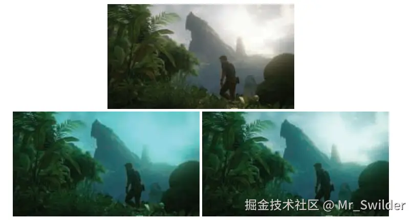 图8.16：游戏《神秘海域4》中的场景画面。最上面的截图没有使用颜色分级，下面两个截图各自应用了一个颜色分级操作。为了便于说明，我们选择了一个极端的颜色分级操作（将原始图像乘以一个高饱和度的青色）。在左下角的截图中，将颜色分级应用在了显示参考图像上（即色调映射之后）；而在右下角的截图中，将颜色分级应用在了场景参考图像上（即色调映射之前）。