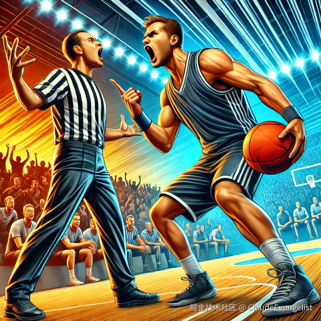 DALL·E 2024-11-24 22.56.37 - A dynamic illustration of a heated sports game moment, such as a basketball or soccer player reacting emotionally, gesturing towards a referee, with a.webp