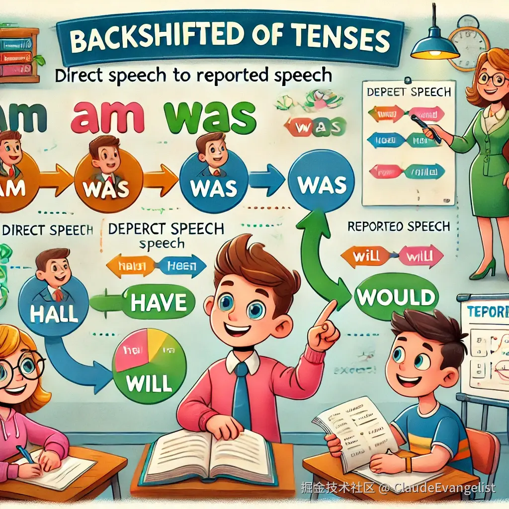 DALL·E 2024-11-23 00.09.58 - A colorful illustration that visually explains backshifting of tenses in English grammar. The image includes a flowchart showing the transformation of.webp