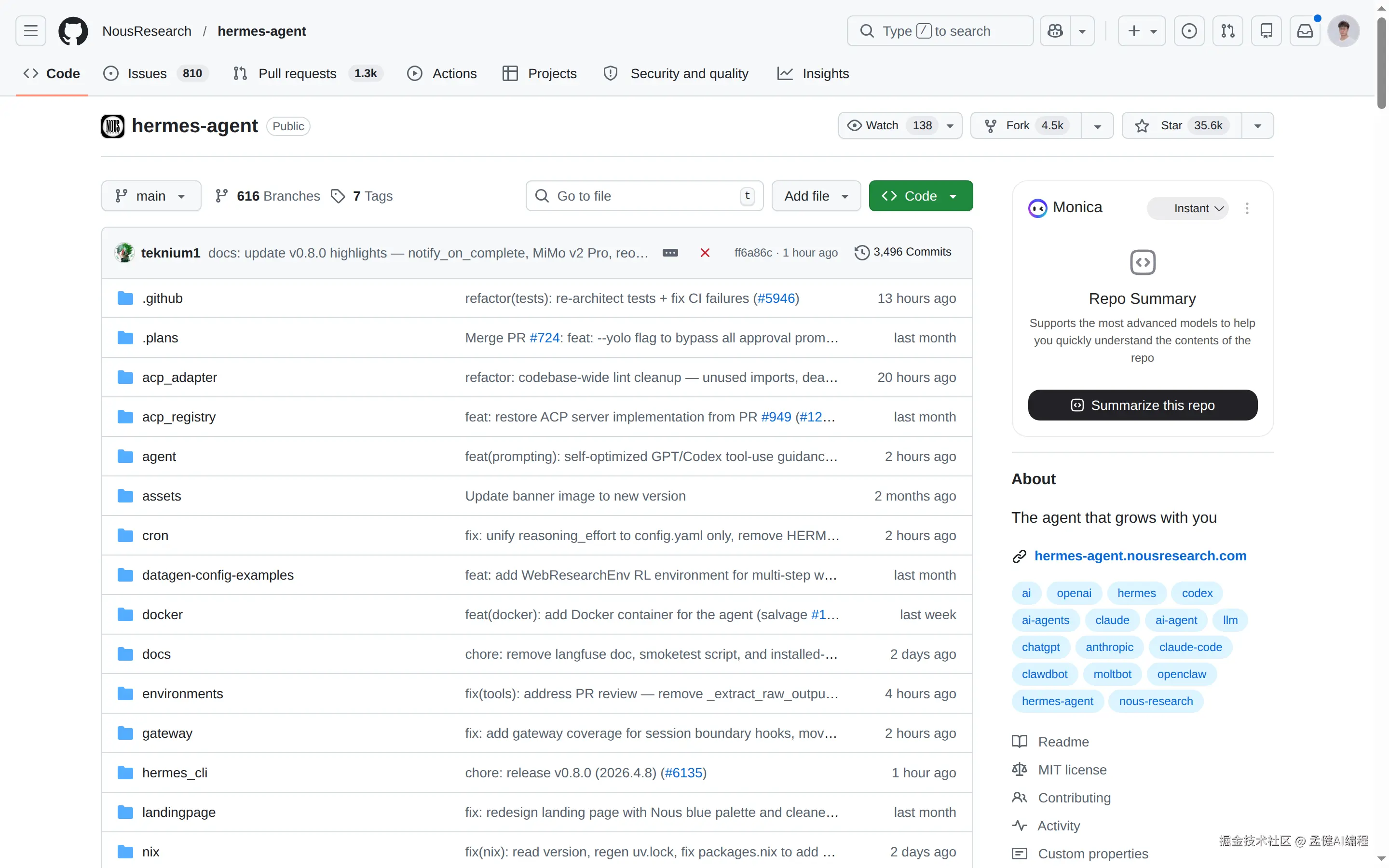Hermes GitHub 仓库：35.6k stars
