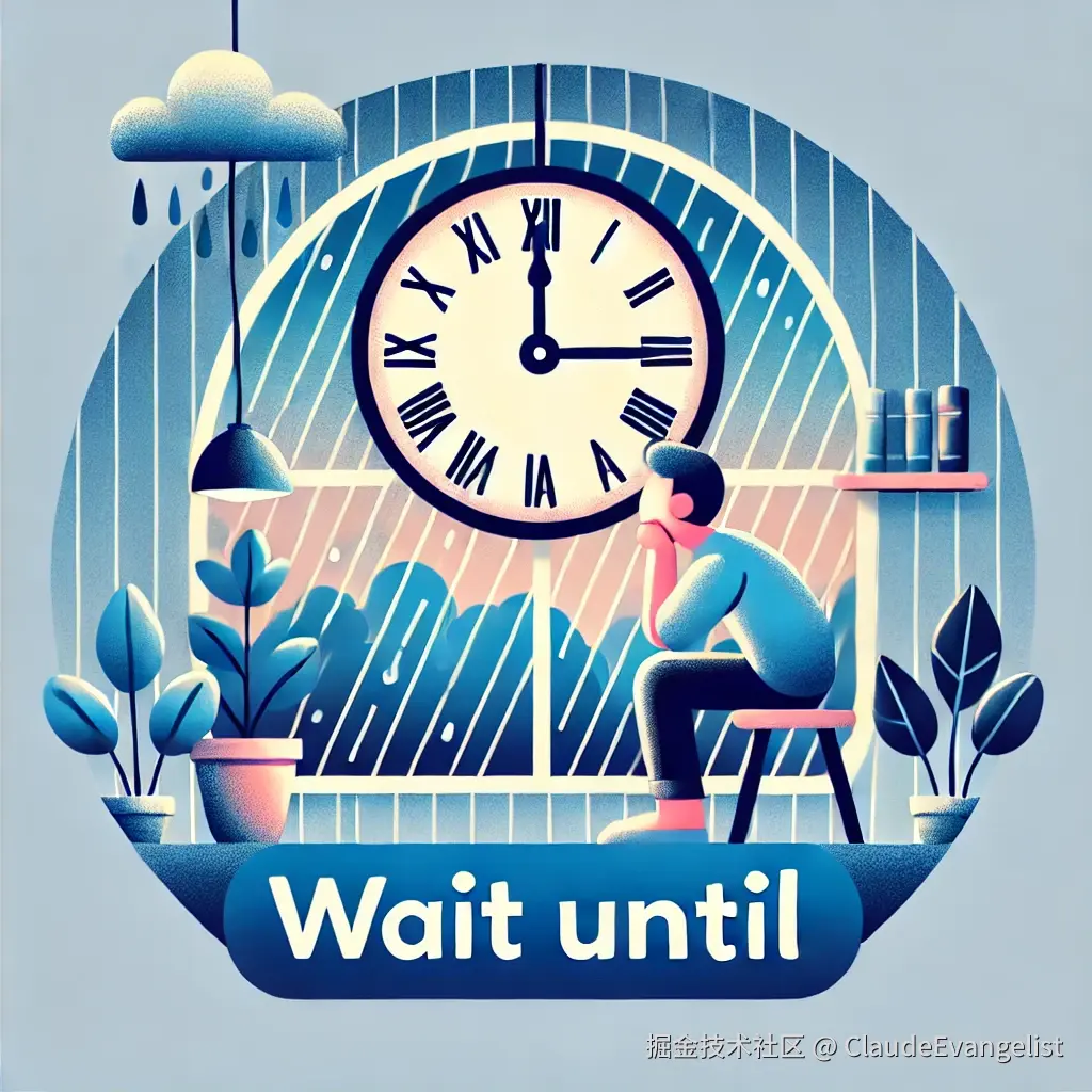 DALL·E 2024-09-11 00.03.34 - An illustration showing a person looking at a clock while waiting for time to pass, symbolizing the concept of 'Wait until'. The background could feat.webp