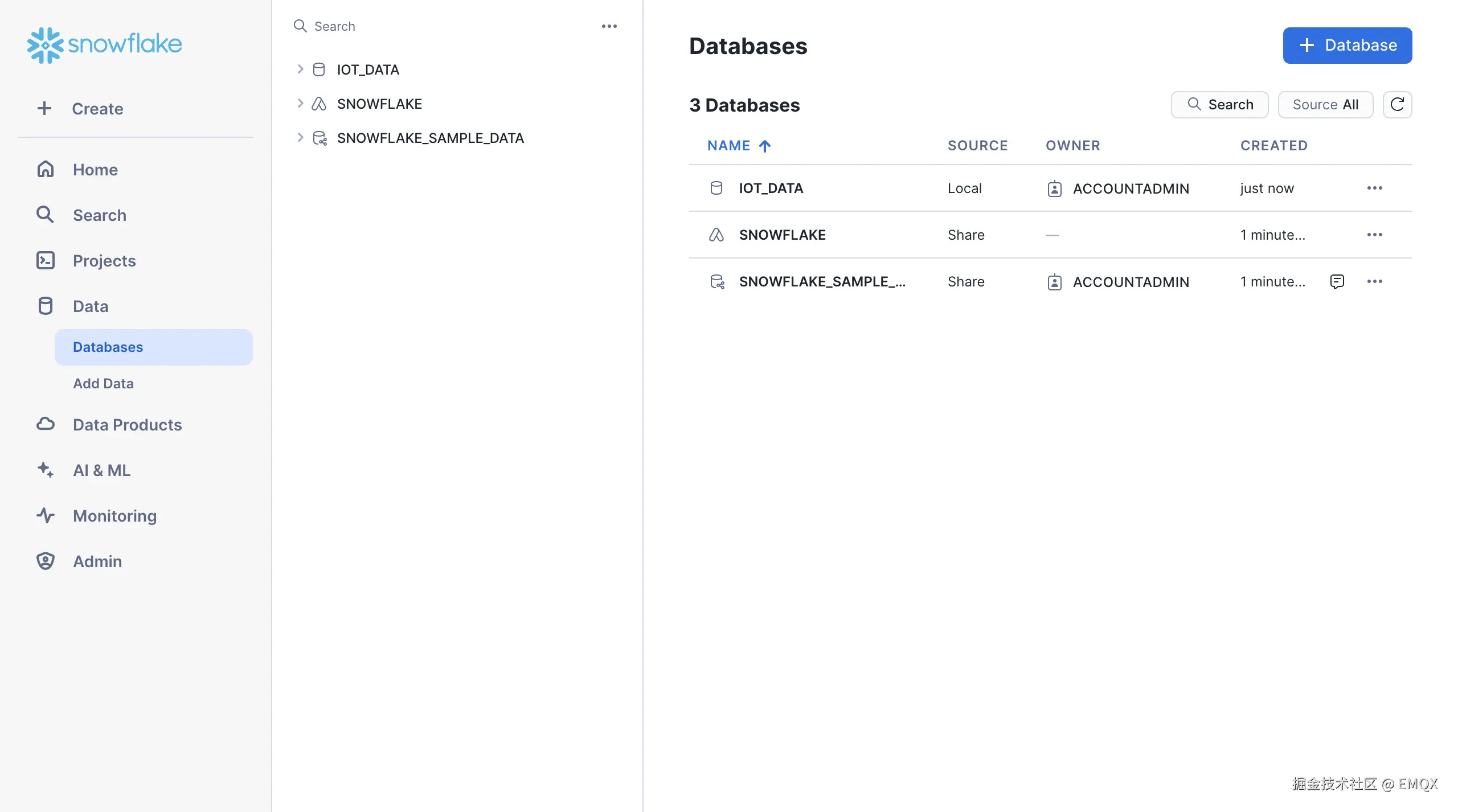 在 Snowflake 控制台上创建名为 IOT_DATA 的新数据库