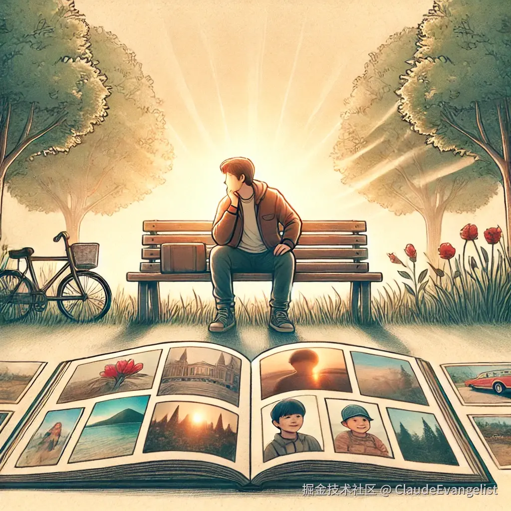 DALL·E 2024-10-21 20.35.57 - An illustration of a person sitting on a bench, looking thoughtful while gazing at a photo album filled with pictures of childhood moments and past tr.webp