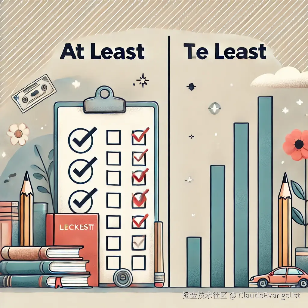 DALL·E 2024-11-03 23.34.11 - An educational illustration split into two sections. The left side represents 'at least' with a checklist that has checkmarks next to items, suggestin.webp