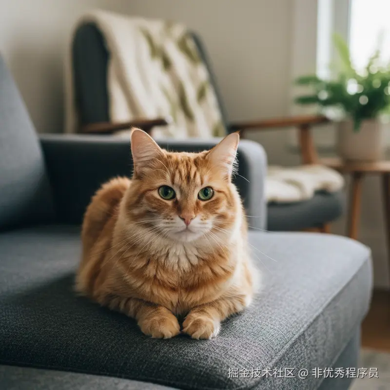 一只绿眼睛的橙色猫咪坐在沙发上的逼真图像