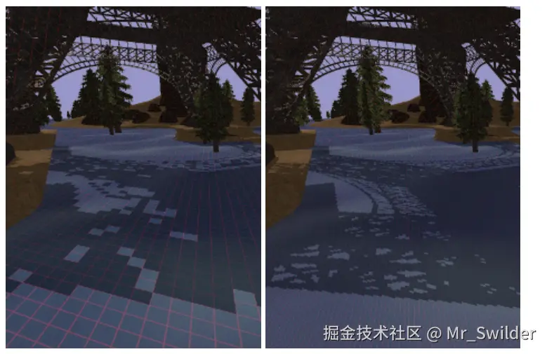 图7.15：左边的图像是使用标准的阴影映射生成的；右边的图像则使用了LiSPSM。上图还展示了每个阴影贴图纹素在地面上的投影。这两个阴影贴图具有相同的分辨率，不同之处在于，LiSPSM对光源矩阵进行了修改，在更靠近观察者的地方提供了更高的采样率。