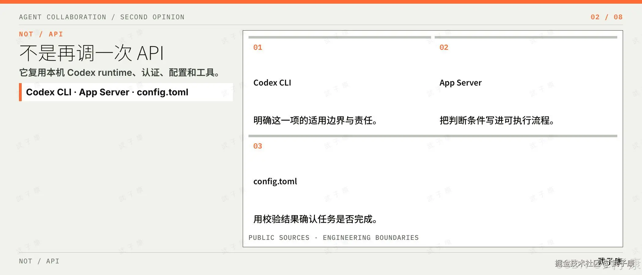 不是再调一次 API:它复用本机 Codex runtime、认证、配置和工具;Codex CLI · App Server · config.toml